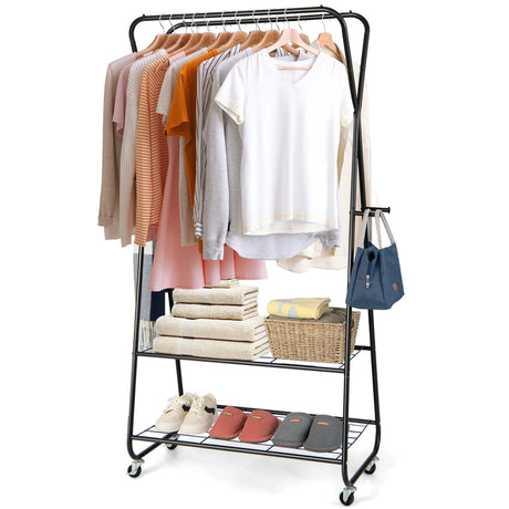 Heavy Duty Clothes Rack on Wheels with Shelves-Black