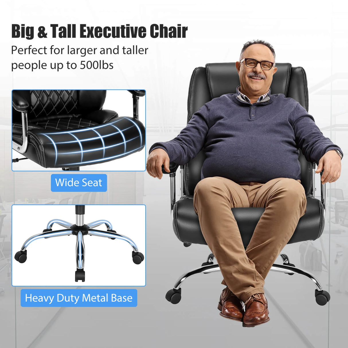 Leather Office Chair with Rocking Mode and Armrests-Black
