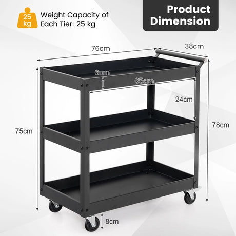 3 Shelf Rolling Metal Utility Cart with Ergonomic Handle-Black