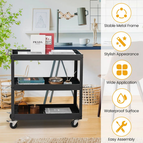 3 Shelf Rolling Metal Utility Cart with Ergonomic Handle-Black