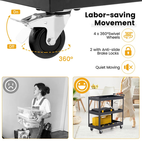 3 Shelf Rolling Metal Utility Cart with Ergonomic Handle-Black