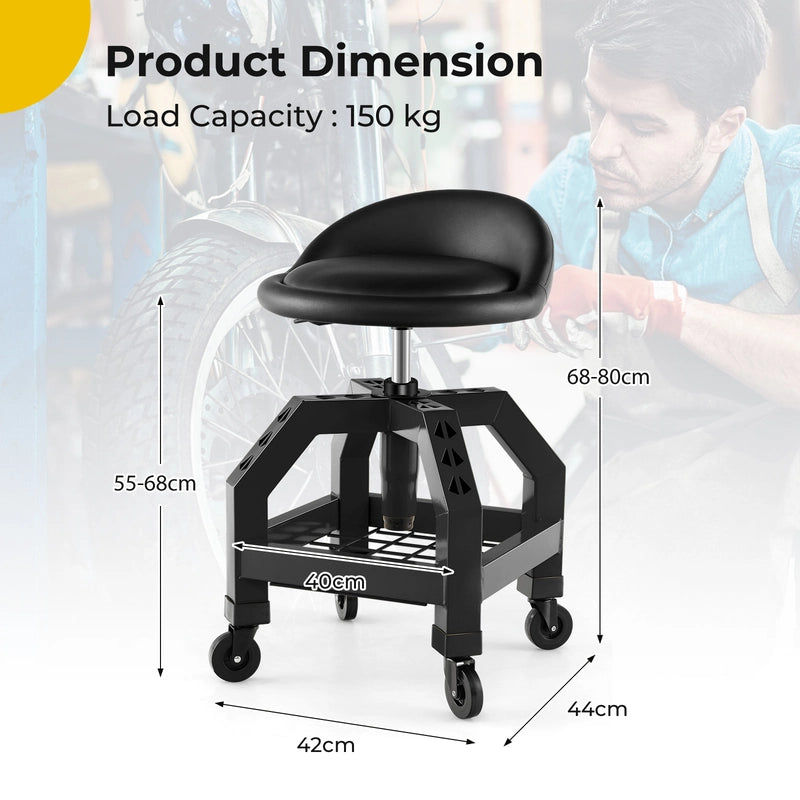 Rolling Seat Mechanic Stool Chair Height Adjustable with Tool Tray-Black