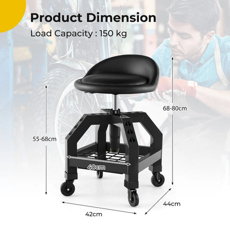 Rolling Seat Mechanic Stool Chair Height Adjustable with Tool Tray-Black