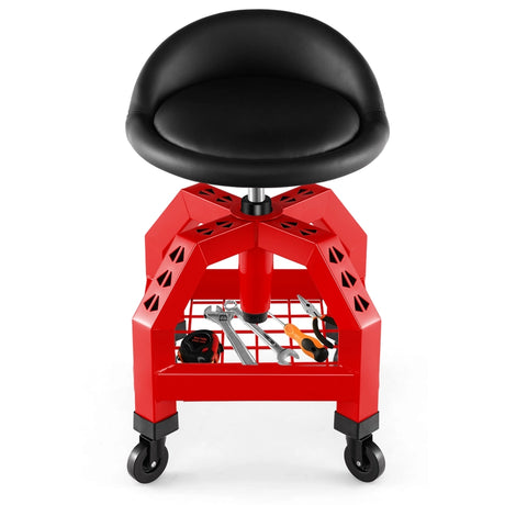 Rolling Seat Mechanic Stool Chair Height Adjustable with Tool Tray-Red
