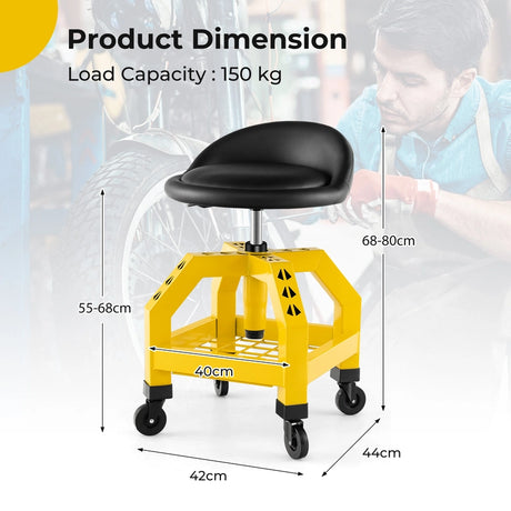 Rolling Seat Mechanic Stool Chair Height Adjustable with Tool Tray-Yellow
