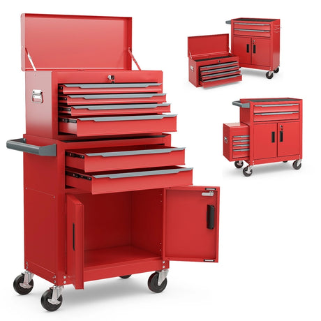 6-Drawer Rolling Tool Storage Chest Cabinet with Universal Wheels and Hooks-Red