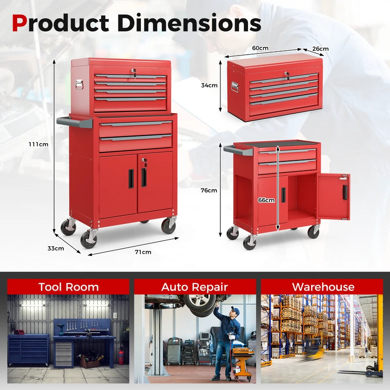 6-Drawer Rolling Tool Storage Chest Cabinet with Universal Wheels and Hooks-Red