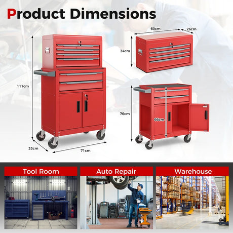 6-Drawer Rolling Tool Storage Chest Cabinet with Universal Wheels and Hooks-Red