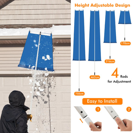 Snow Roof Rake with 4 Section Pole Wheels and Anti-slip Handle
