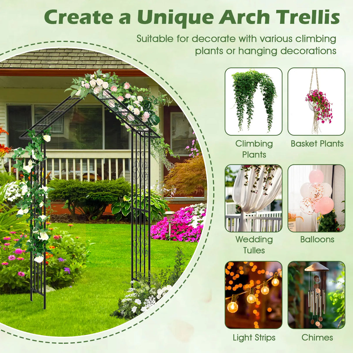 Roof-shaped Top Garden Arbor Garden Trellis Pergola with Side Crossbars-Black