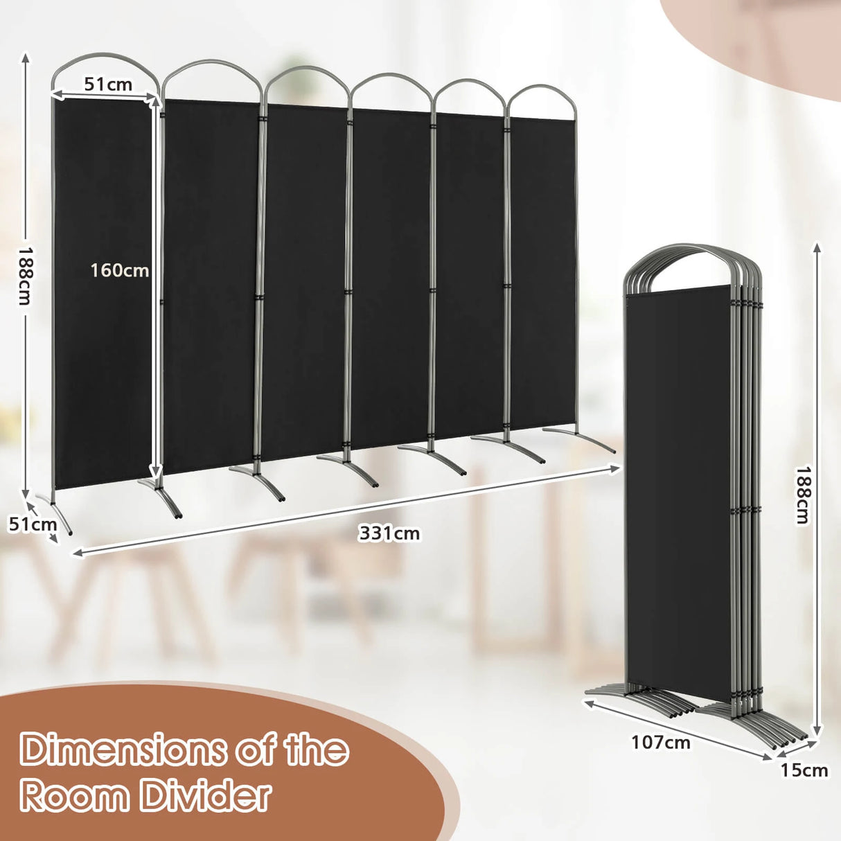 6.2Ft Folding 6-Panel Room Divider for Home Office Living Room-Black