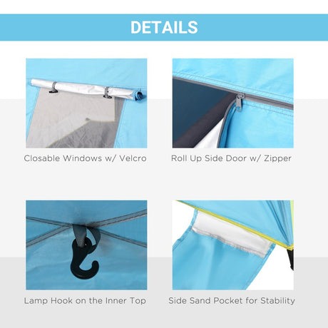 Outsunny 2 Man Pop-up Beach Tent Sun Shade Shelter Hut w/ Windows Doors Hook Sandbags UV Protection Waterproof Outdoor Adventure Garden Light Blue