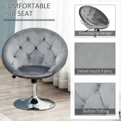 HOMCOM Swivel Dressing Stool, Velvet-feel Upholstered Vanity Chair, Adjustable Height Tub Makeup Chair with Button Tufting and Thick Padding for Bedroom, Grey