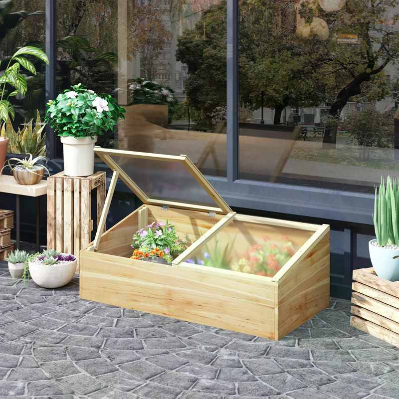 Outsunny Wooden Cold Frame Greenhouse Garden Polycarbonate Grow House  with Independent Openable Top Covers for Flowers, Vegetables, Plants, 100 x 50 x 36 cm, Natural