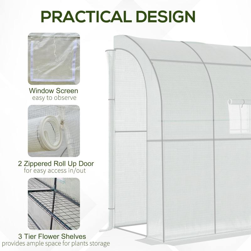 Outsunny Walk-In Lean to Wall Greenhouse with Windows and Doors 2 Tiers 4 Wired Shelves 200L x 100W x 215Hcm White