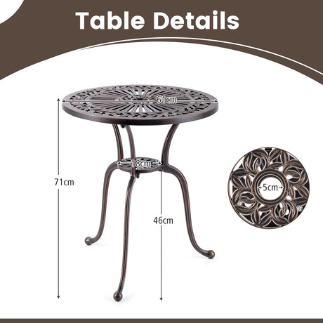24 Inch Round Cast Aluminum Table Patio Dining Bistro Table with 2 Inch Umbrella Hole-Copper