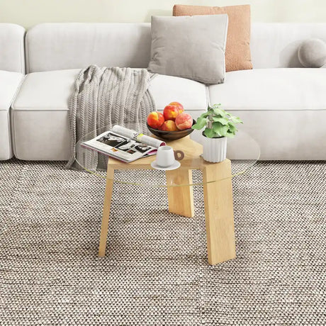 Round Coffee Table with Rubber Wood Tripod Support Frame-Natural
