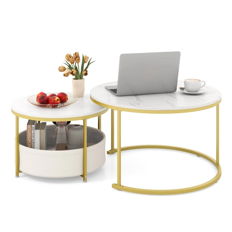 Round Coffee Table Set of 2 Circle Cocktail Table with Storage Basket-White