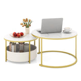 Round Coffee Table Set of 2 Circle Cocktail Table with Storage Basket-White