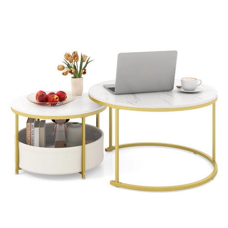 Round Coffee Table Set of 2 Circle Cocktail Table with Storage Basket-White