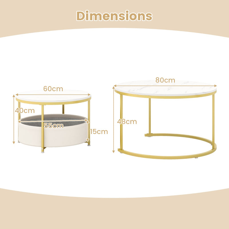Round Coffee Table Set of 2 Circle Cocktail Table with Storage Basket-White