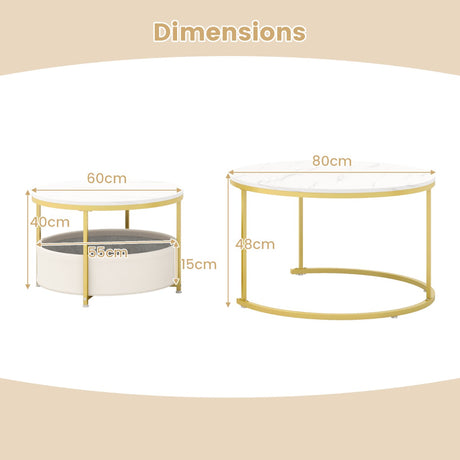 Round Coffee Table Set of 2 Circle Cocktail Table with Storage Basket-White