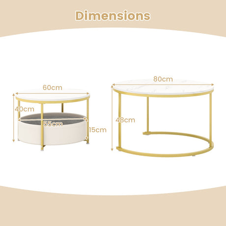 Round Coffee Table Set of 2 Circle Cocktail Table with Storage Basket-White