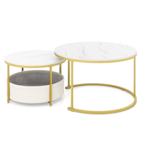 Round Coffee Table Set of 2 Circle Cocktail Table with Storage Basket-White