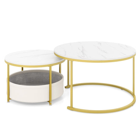 Round Coffee Table Set of 2 Circle Cocktail Table with Storage Basket-White