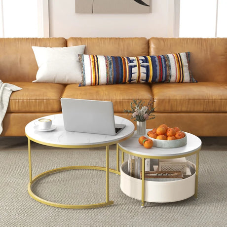 Round Coffee Table Set of 2 Circle Cocktail Table with Storage Basket-White