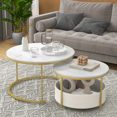 Round Coffee Table Set of 2 Circle Cocktail Table with Storage Basket-White