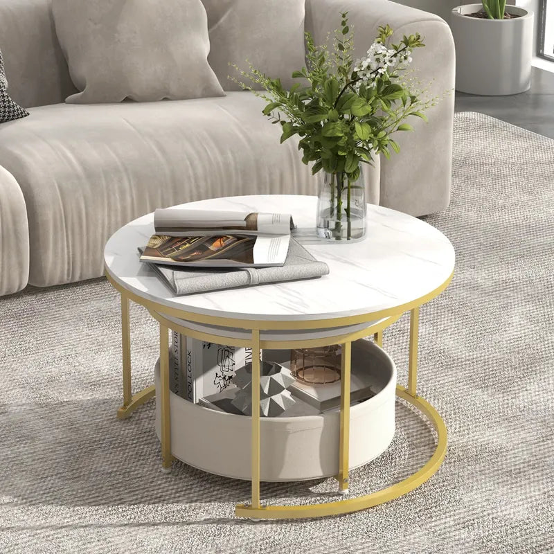 Round Coffee Table Set of 2 Circle Cocktail Table with Storage Basket-White