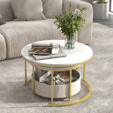 Round Coffee Table Set of 2 Circle Cocktail Table with Storage Basket-White