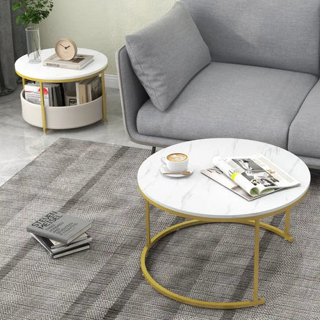 Round Coffee Table Set of 2 Circle Cocktail Table with Storage Basket-White