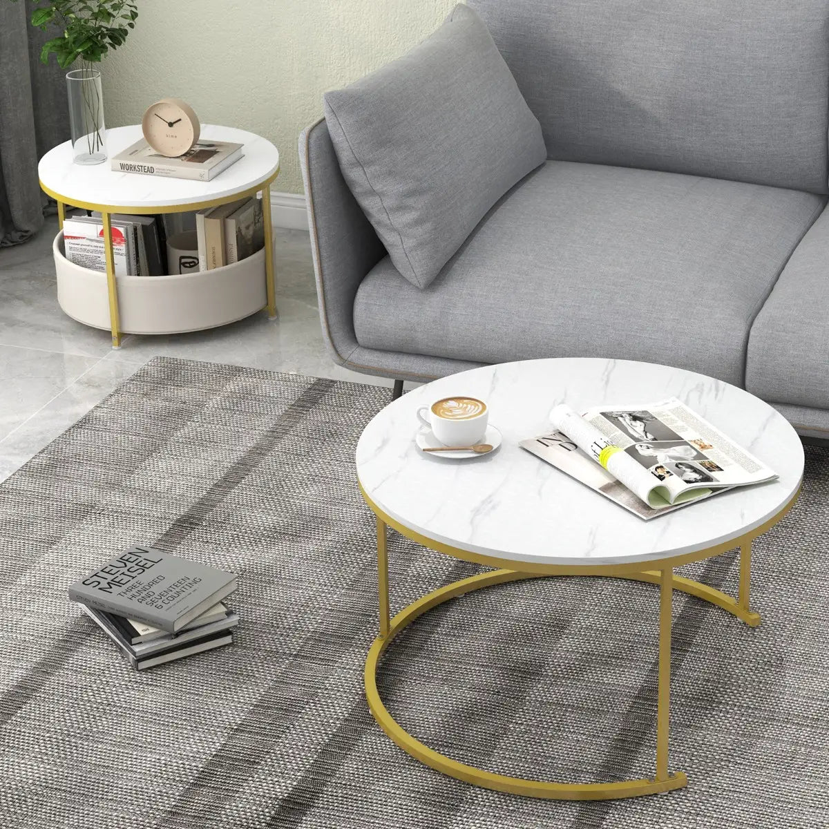 Round Coffee Table Set of 2 Circle Cocktail Table with Storage Basket-White