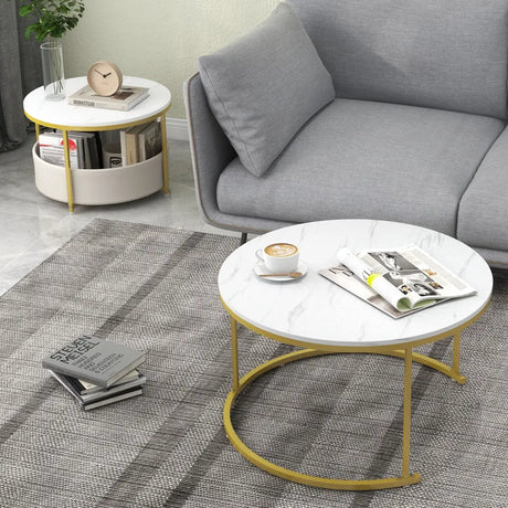 Round Coffee Table Set of 2 Circle Cocktail Table with Storage Basket-White