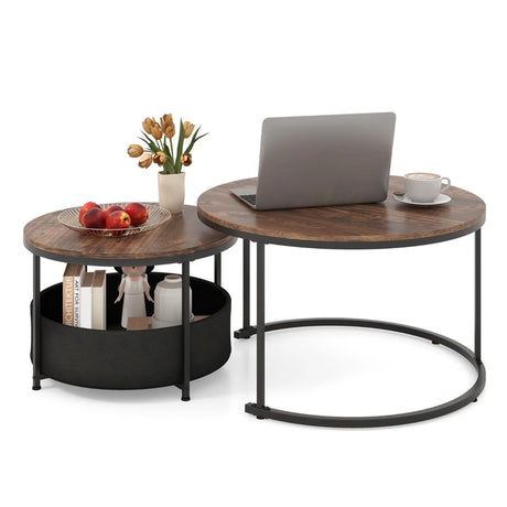 Round Coffee Table Set of 2 with Fabric Storage Basket and Metal Frame-Brown