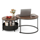 Round Coffee Table Set of 2 with Fabric Storage Basket and Metal Frame-Brown