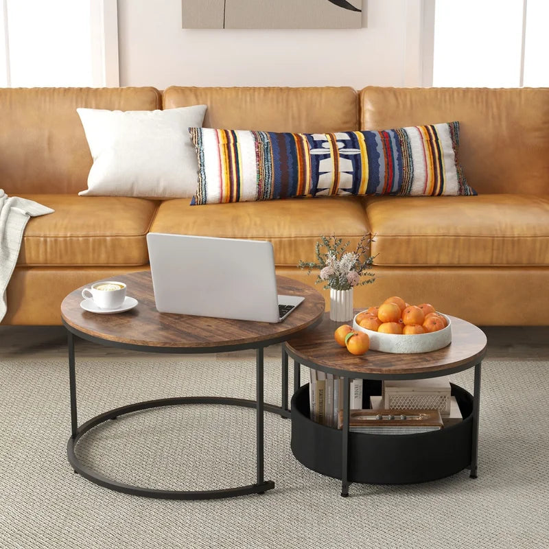 Round Coffee Table Set of 2 with Fabric Storage Basket and Metal Frame-Brown