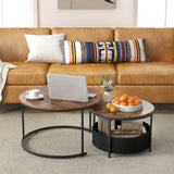 Round Coffee Table Set of 2 with Fabric Storage Basket and Metal Frame-Brown
