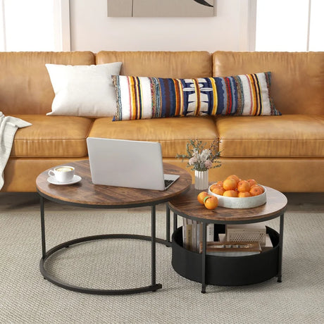 Round Coffee Table Set of 2 with Fabric Storage Basket and Metal Frame-Brown
