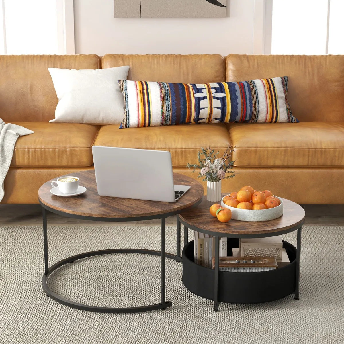 Round Coffee Table Set of 2 with Fabric Storage Basket and Metal Frame-Brown