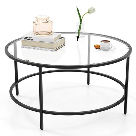 35.5 Inch Round Coffee Table with Tempered Glass Tabletop-Black