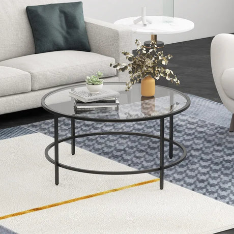 35.5 Inch Round Coffee Table with Tempered Glass Tabletop-Black