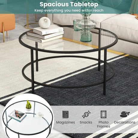 35.5 Inch Round Coffee Table with Tempered Glass Tabletop-Black