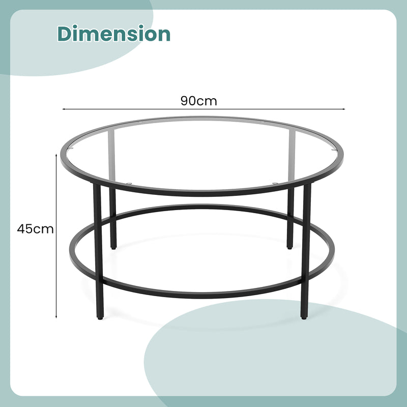 35.5 Inch Round Coffee Table with Tempered Glass Tabletop-Black