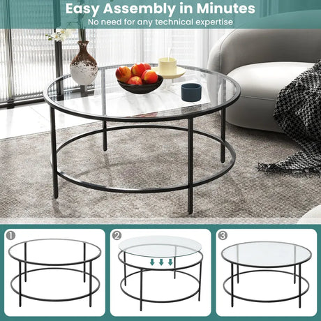 35.5 Inch Round Coffee Table with Tempered Glass Tabletop-Black