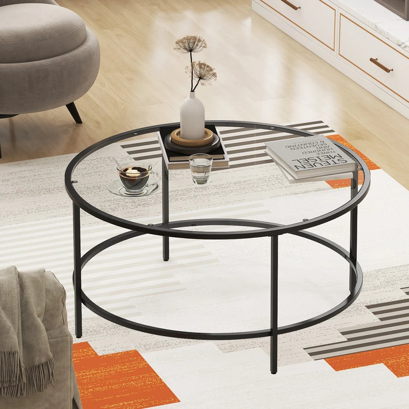 35.5 Inch Round Coffee Table with Tempered Glass Tabletop-Black