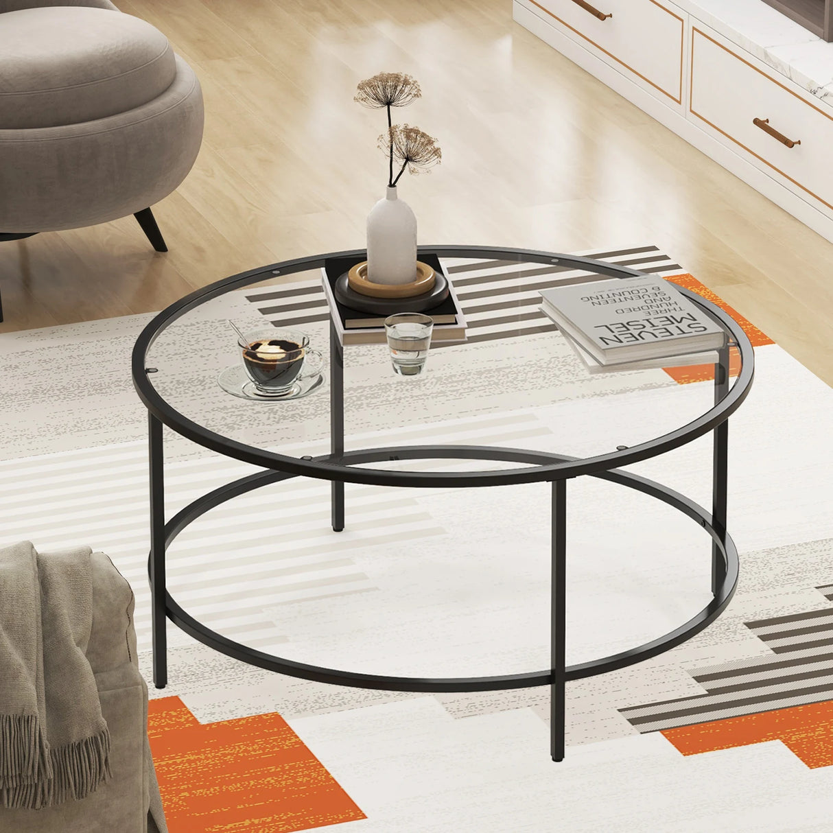 35.5 Inch Round Coffee Table with Tempered Glass Tabletop-Black