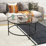 35.5 Inch Round Coffee Table with Tempered Glass Tabletop-Black
